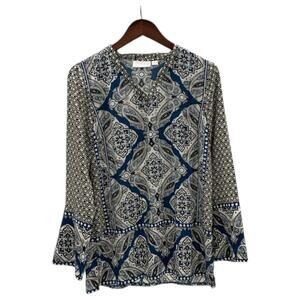 Belle Boho by Kim Gravel Border Print V Neck Tunic Boho Blue - Regular